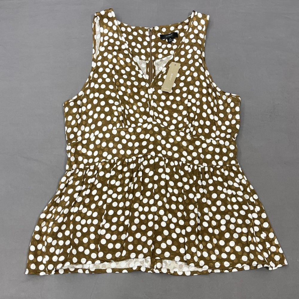 New J.Crew Womens Polka Dot Peplum Top Olive Green White V-Neck Sleeveless Sz 10